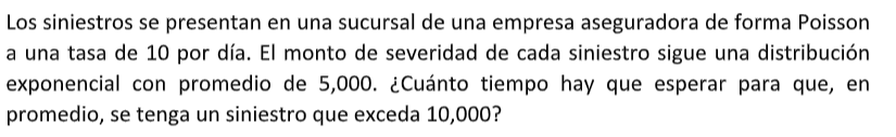 Los siniestros se presentan en una sucursal de una empresa aseguradora de forma Poisson a una tasa de 10 por día. El monto de