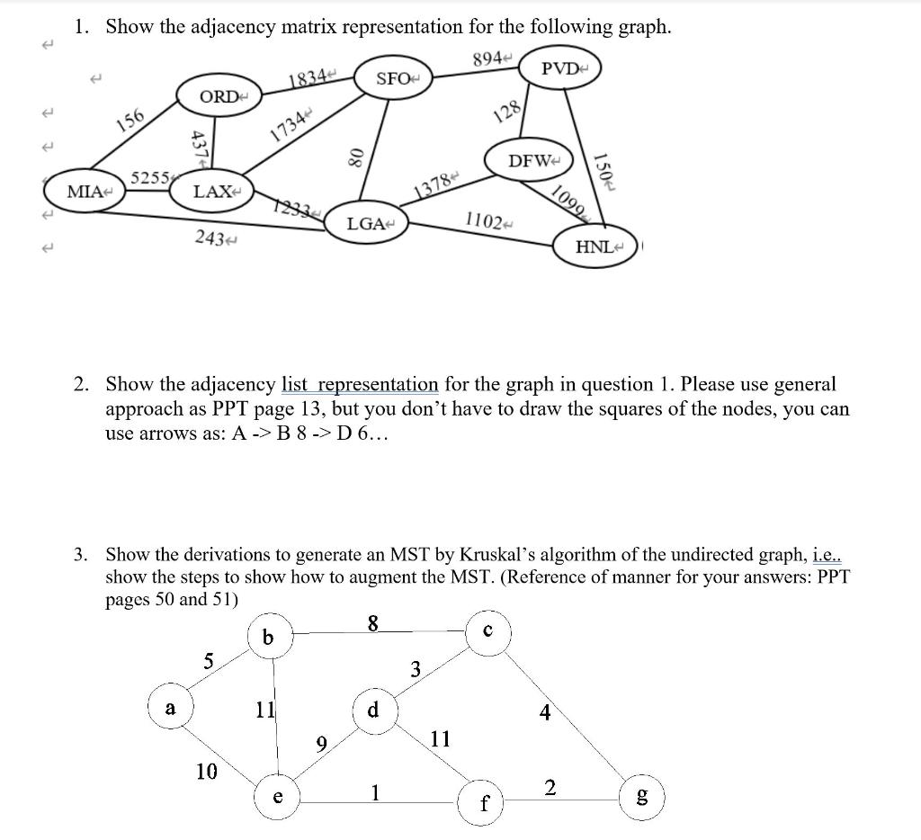 Solved 1. Show the adjacency matrix representation for the | Chegg.com
