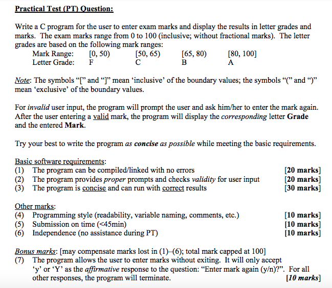 Solved Practical Test (PT) Question: Write a C program for | Chegg.com