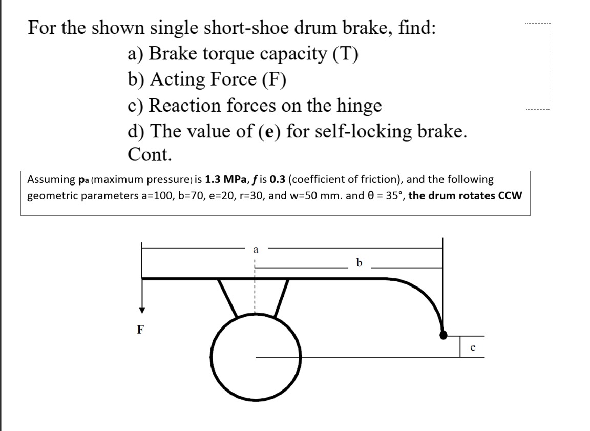 Solved For the shown single shortshoe drum brake, find a)