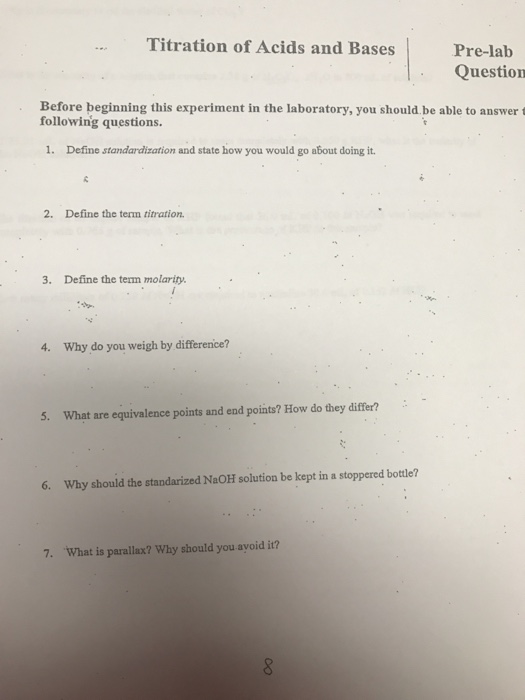 Solved Titration of Acids and Bases Prelab Question Before