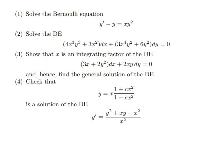 Solved (1) Solve the Bernoulli equation y' - y = ry (2) | Chegg.com