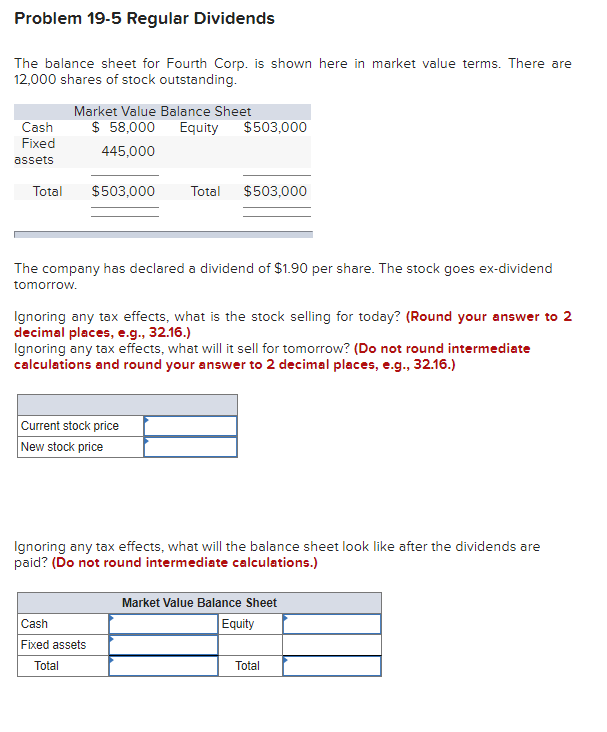 Solved Problem 19-5 Regular Dividends The balance sheet for | Chegg.com