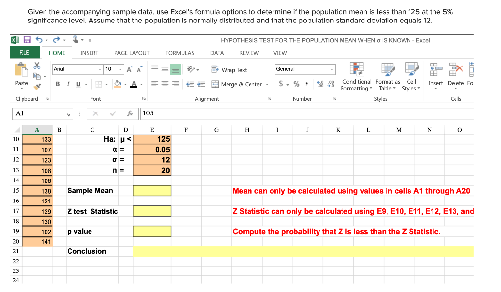 Solved Given the accompanying sample data, use Excel's | Chegg.com