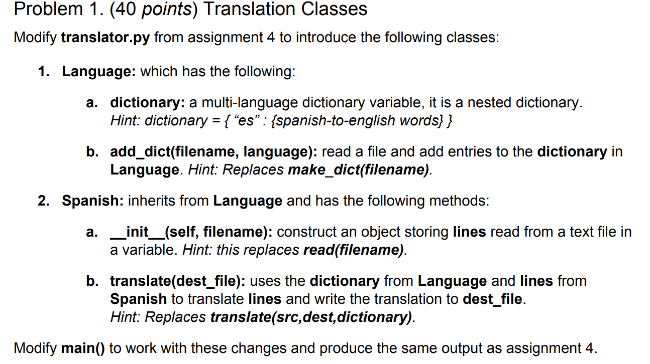 Solved Problem 1. (40 points) Translation Classes Modify | Chegg.com