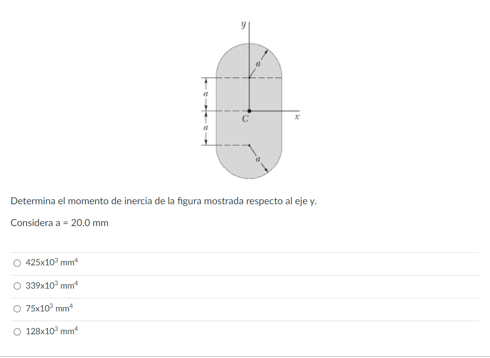 Determina el momento de inercia de la figura mostrada respecto al eje y. Considera \( \mathrm{a}=20.0 \mathrm{~mm} \) \( 425