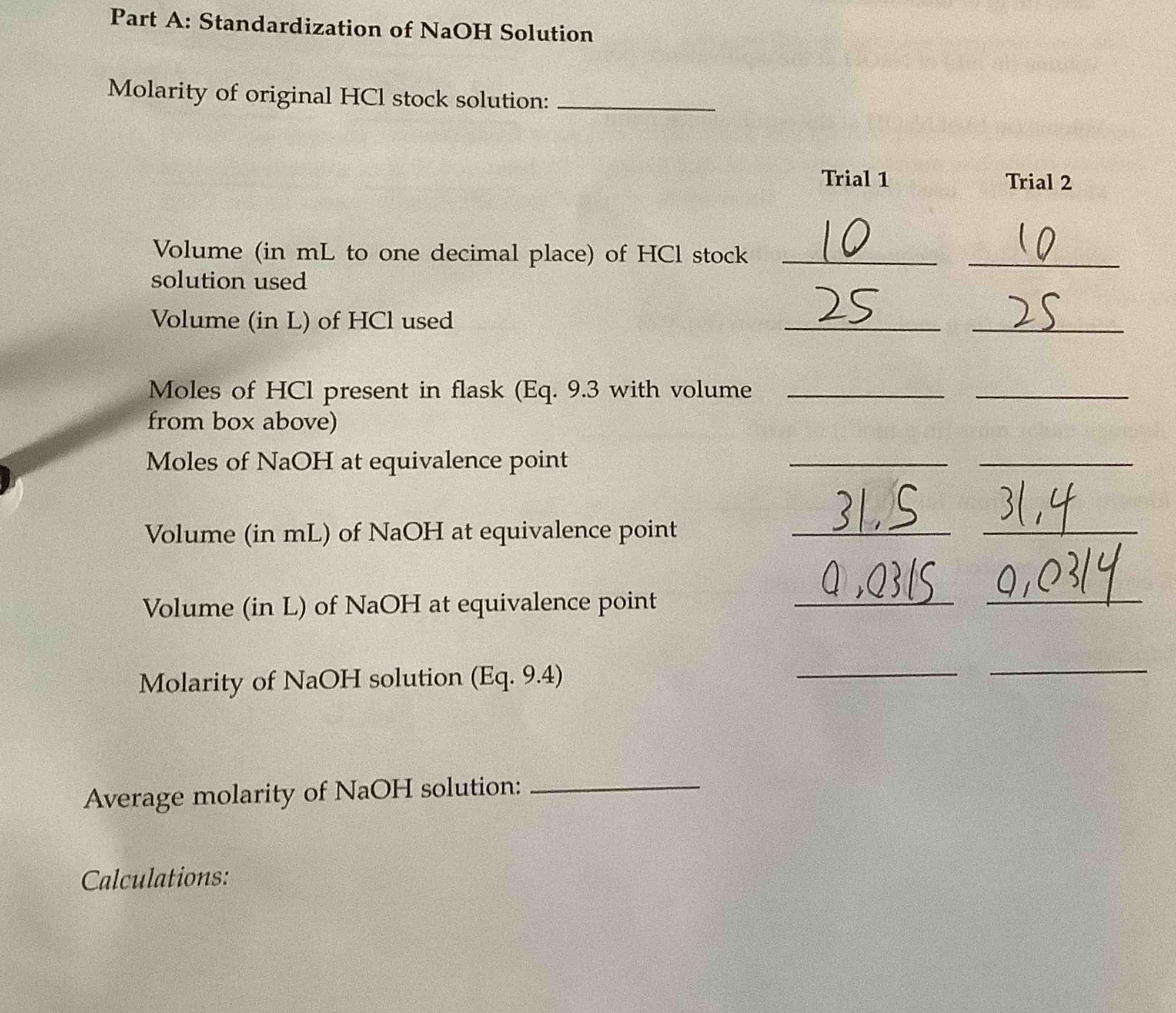 Part A: Standardization of NaOH SolutionMolarity of | Chegg.com