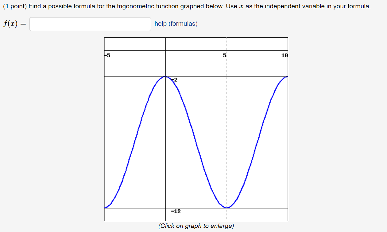 (1 point) Find a possible formula for the trigonometric function graphed below. Use \( x \) as the independent variable in yo