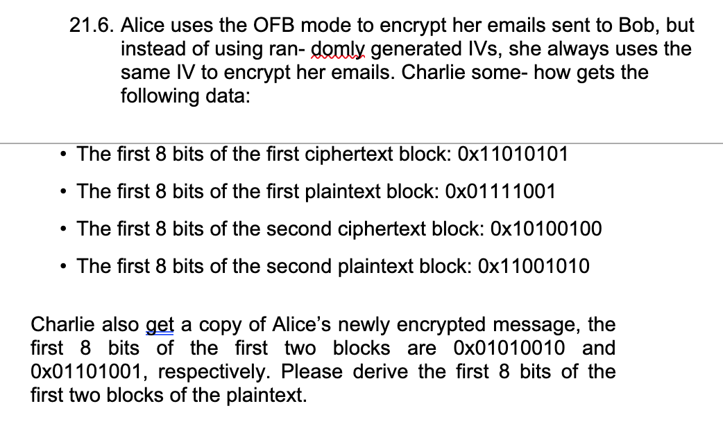 Solved 21.6. Alice uses the OFB mode to encrypt her emails | Chegg.com