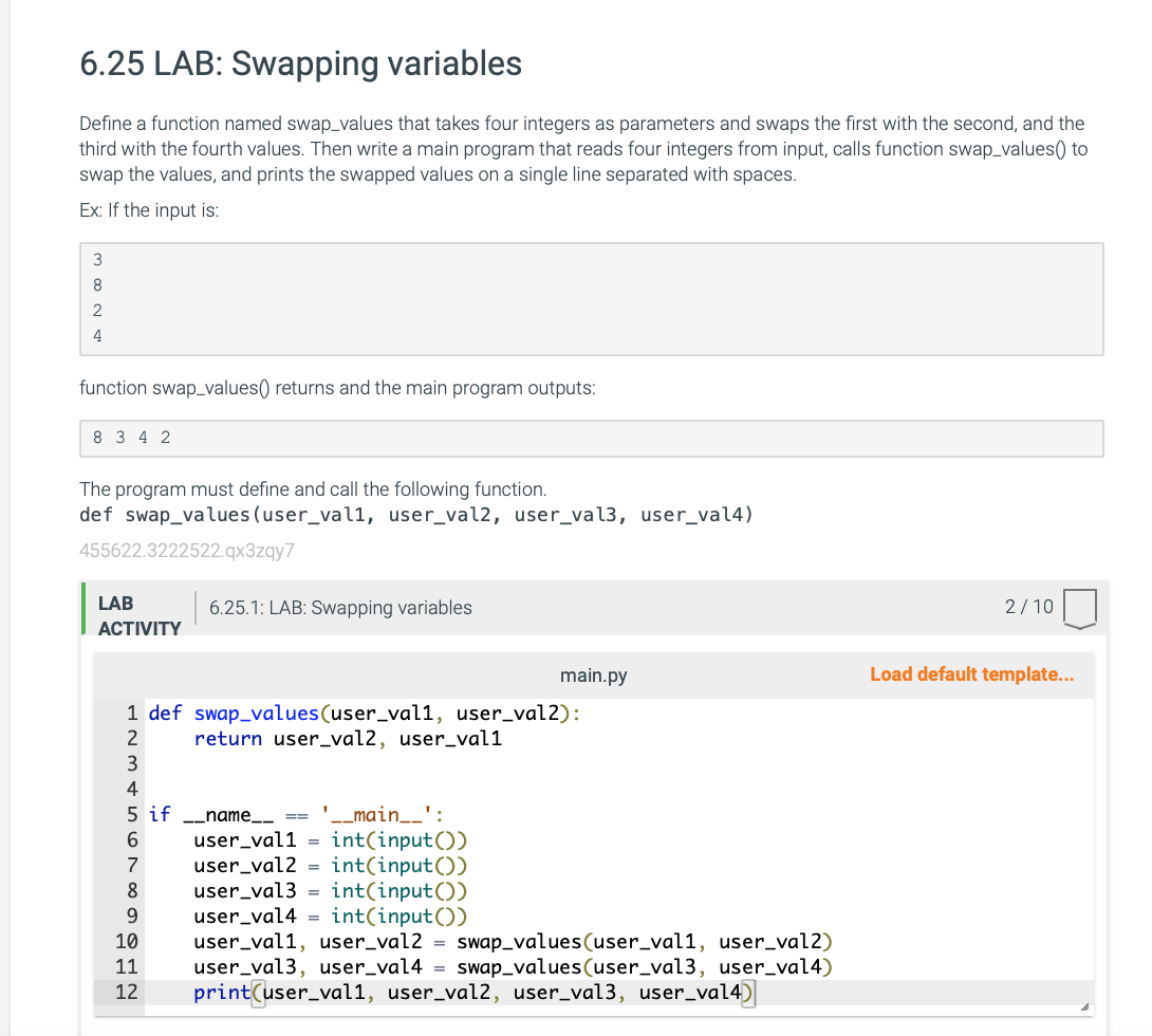 Solved 6.25 LAB: Swapping variables Python Define a | Chegg.com