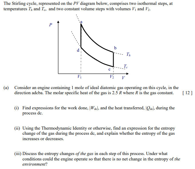 Solved The Stirling Cycle Represented On The PV Diagram Chegg