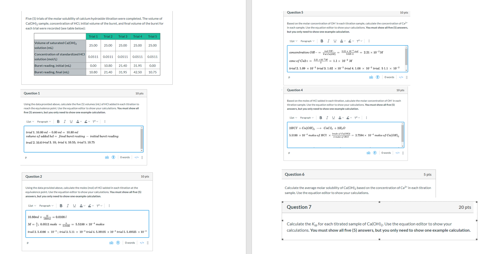 Solved Question 5 10 pts Five (5) trials of the molar