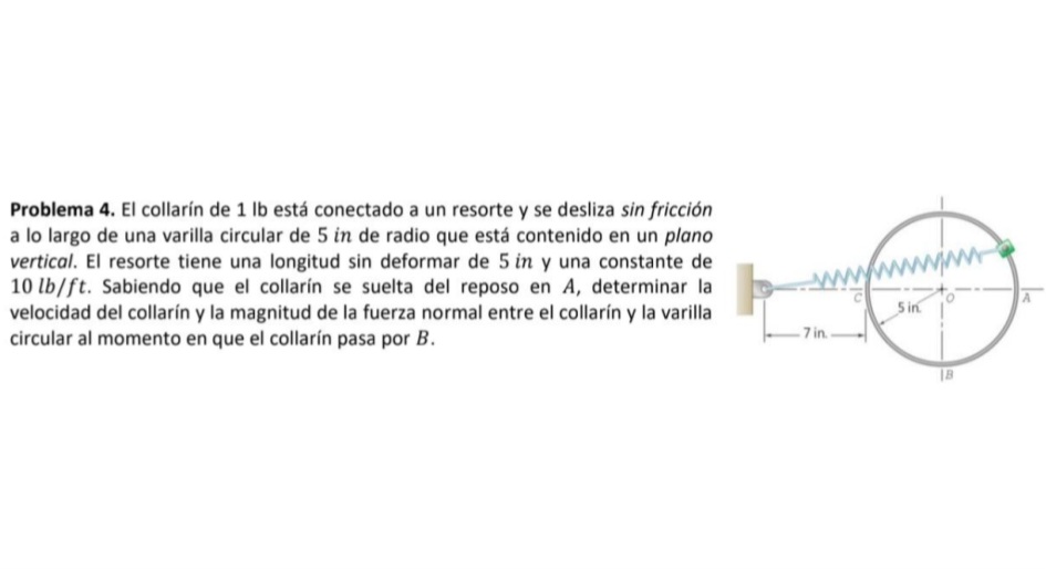 Problema 4. El collarín de \( 1 \mathrm{lb} \) está conectado a un resorte y se desliza sin fricción a lo largo de una varill