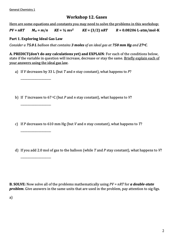 Solved General Chemistry 1 Workshop 12. Gases Here are some | Chegg.com