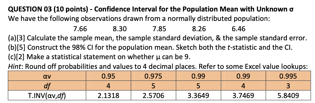 Solved QUESTION 03 (10 points) - Confidence Interval for the | Chegg.com