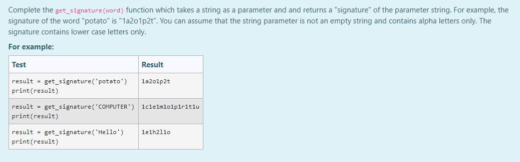 Solved Complete the get_signature (word) function which | Chegg.com
