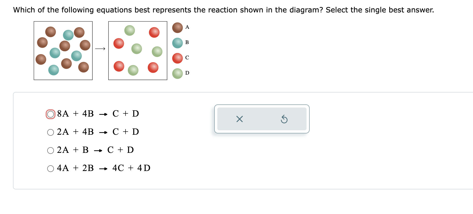 Solved 8 A+4 B→C+D2 A+4 B→C+D2 A+B→C+D4 A+2 B→4C+4D | Chegg.com