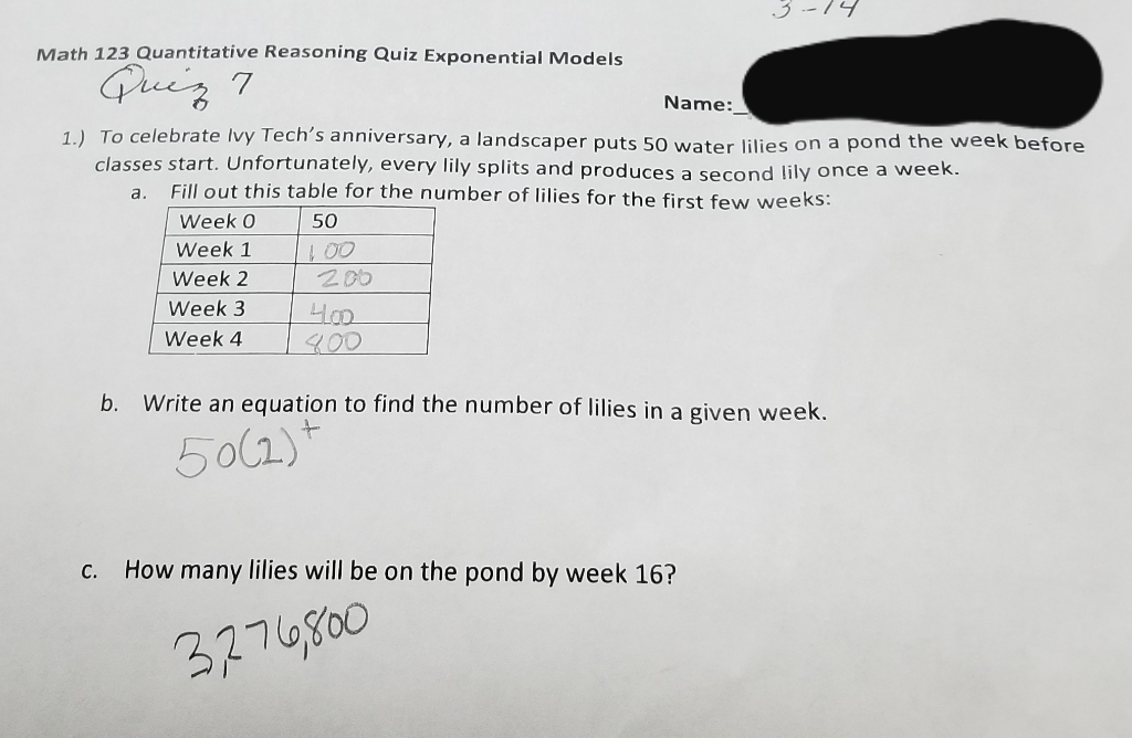 Solved Math 123 Quantitative Reasoning Quiz Exponential | Chegg.com