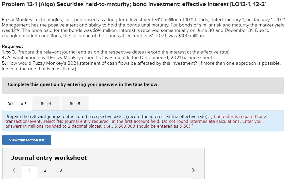 Solved Problem 12-1 (Algo) Securities held-to-maturity; bond | Chegg.com