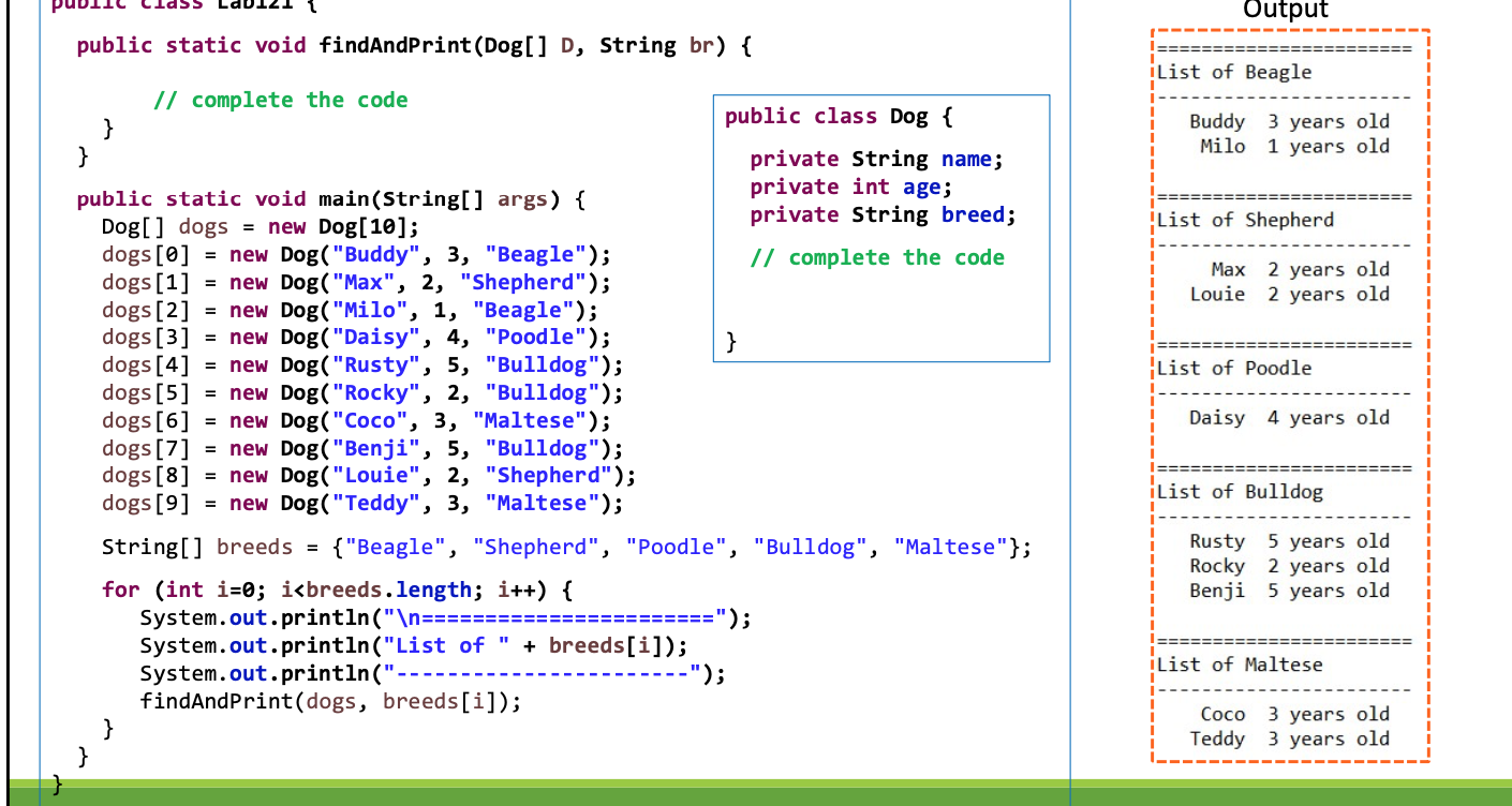 Solved Output public static void findAndPrint(Dog[] D, | Chegg.com