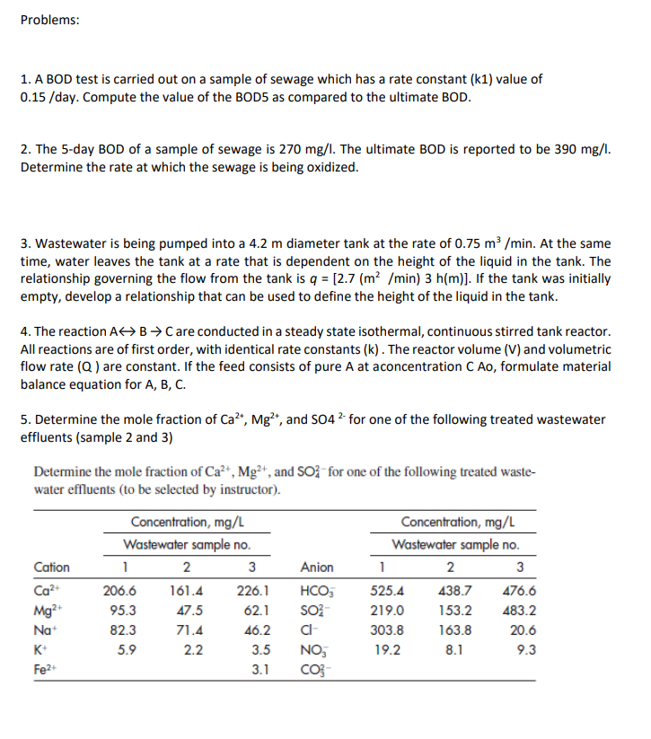 Solved 1. A BOD test is carried out on a sample of sewage | Chegg.com