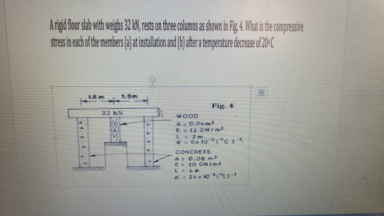 A rigid floor slab with weighs \( 32 \mathrm{kV} \), rests on three columns as shown in Fig. 4 . What is the compressive stre