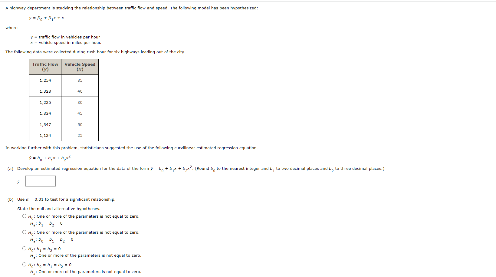 Solved y=β0+β1x+ε where y= traffic flow in vehicles per hour | Chegg.com