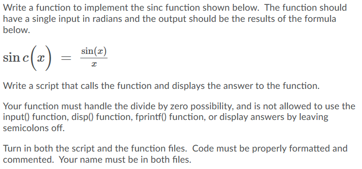 Solved Write a function to implement the sinc function shown | Chegg.com