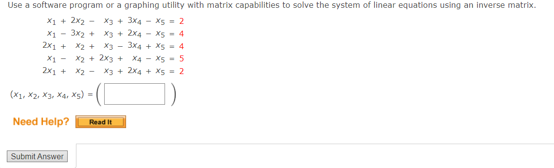 Solved X1+2x2−x3+3x4−x5=2x1−3x2+x3+2x4−x5=42x1+x2+x3−3x4+x5= | Chegg.com