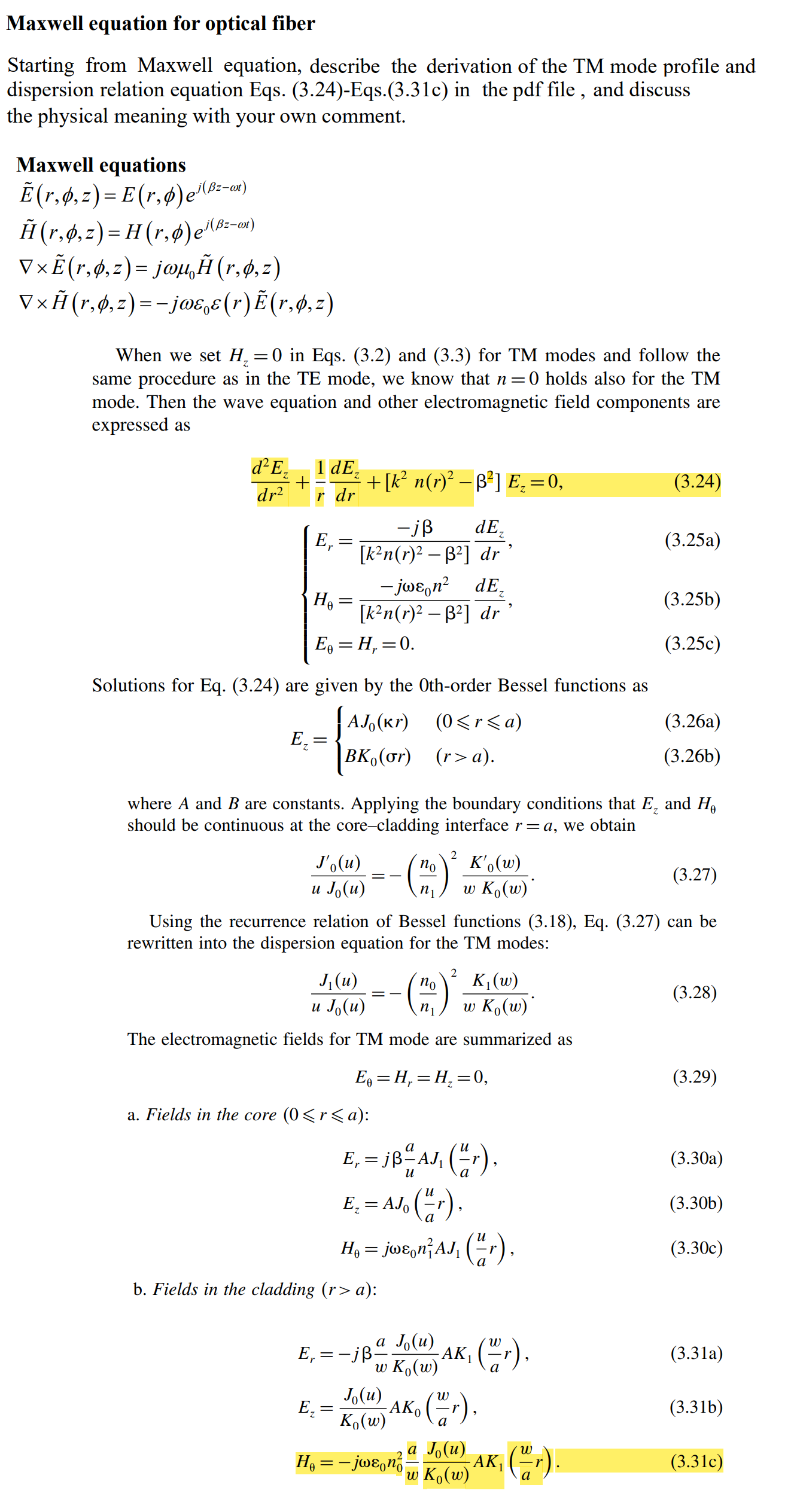 Solved Maxwell equation for optical fiber Starting from