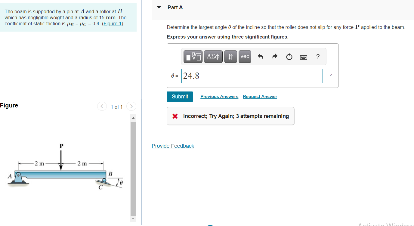 Solved Part A The beam is supported by a pin at A and a | Chegg.com