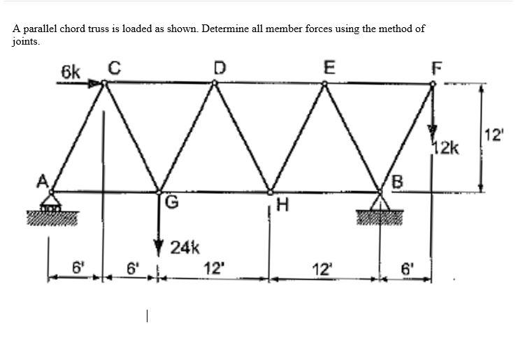 A parallel chord truss is loaded as shown. Determine all member forces using the method of
joints.
6k
?
E
F
12k
L...
6¹
6
|
