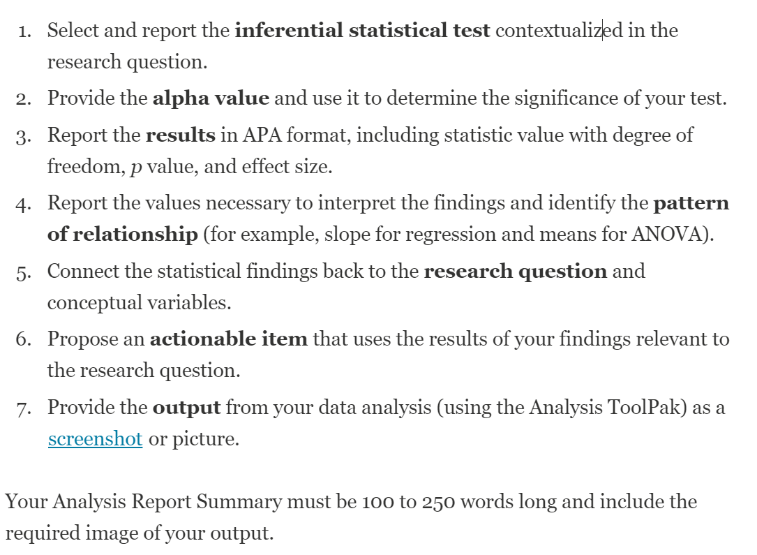 1 select and report the inferential statistical test chegg