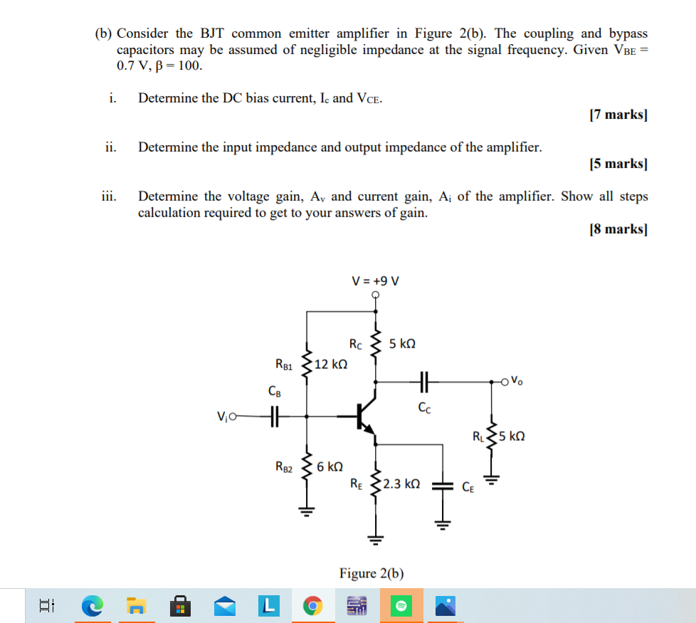 Solved (b) Consider the BJT common emitter amplifier in | Chegg.com