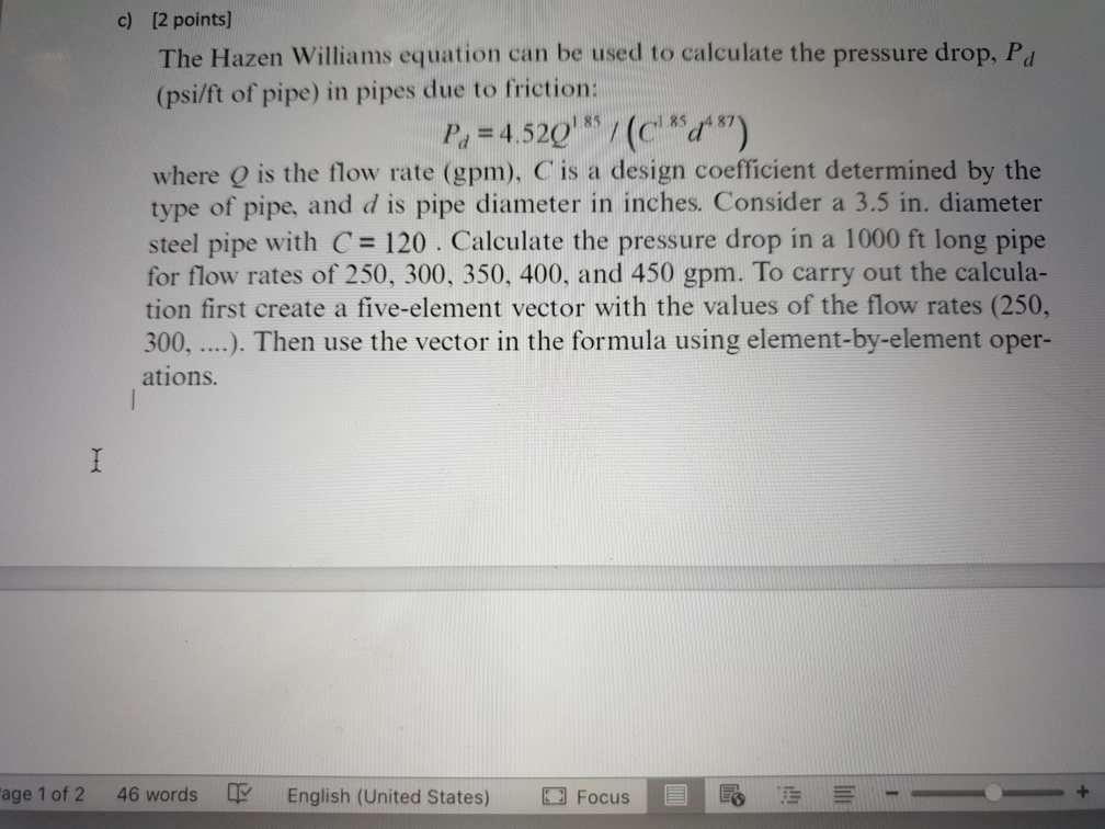 hazen williams pressure drop calculator