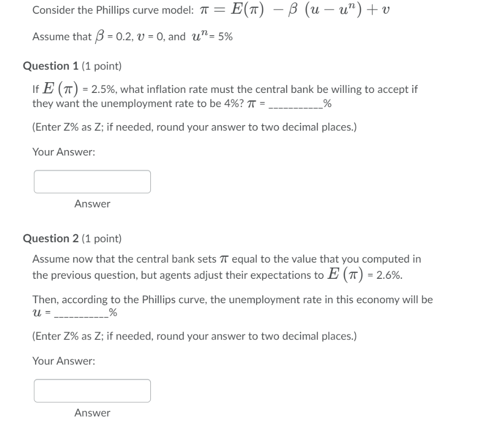 Solved Consider The Phillips Curve Model T E 1 B U Chegg Com