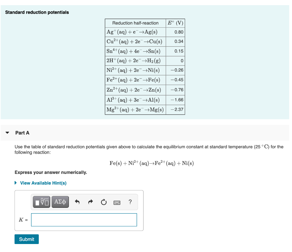 Solved Standard reduction potentials 0.34 0 Reduction