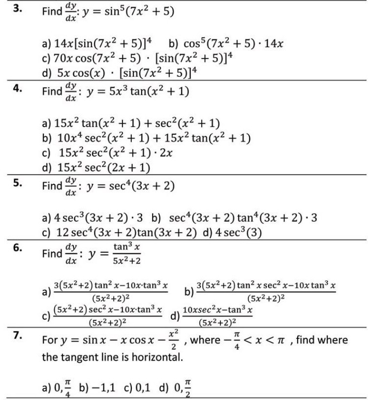 Solved 3 Find Dy Y Sin 7x2 5 A 14x sin 7x2 5 B Chegg