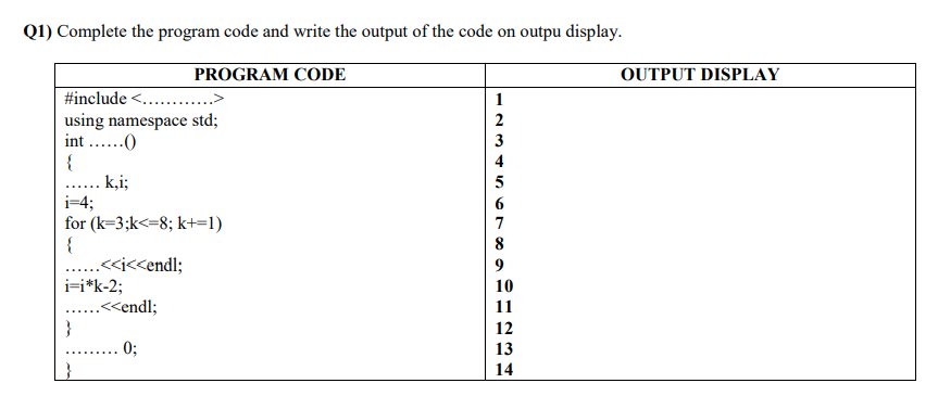 A Programming Code Completed Solved Q1) Complete the program code and write the output of | Chegg.com