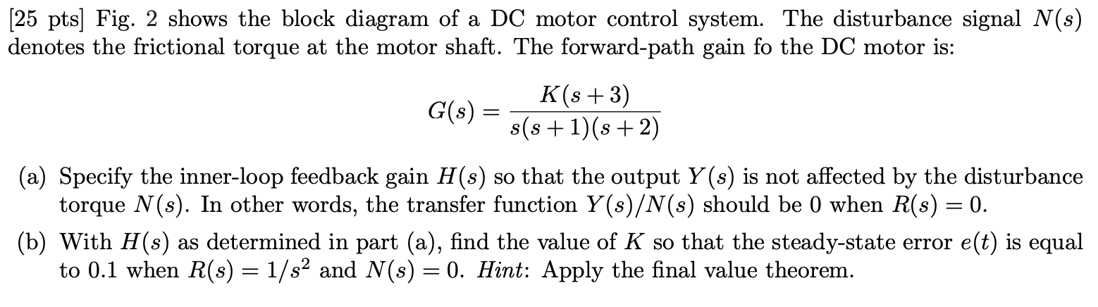 Solved [25 pts) Fig. 2 shows the block diagram of a DC motor | Chegg.com