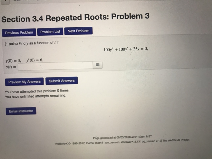 Solved Section 3.4 Repeated Roots: Problem 3 Previous | Chegg.com