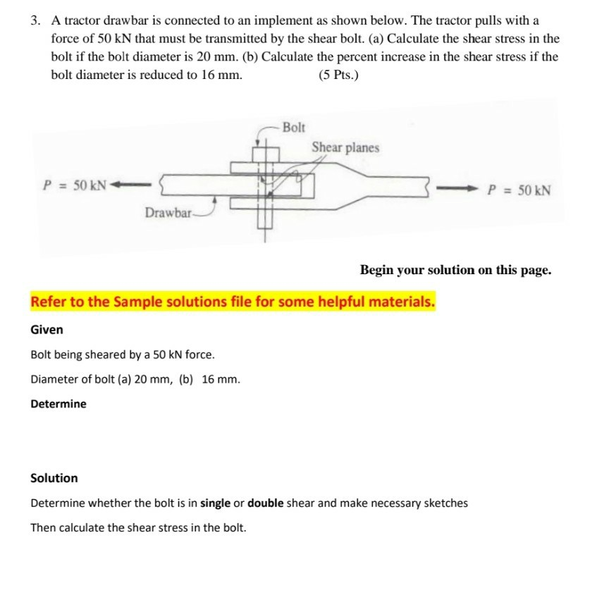Solved 3. A tractor drawbar is connected to an implement as | Chegg.com
