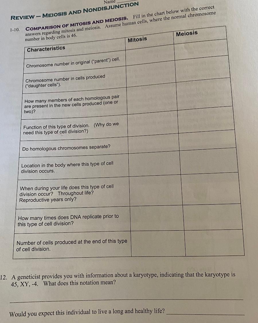 Solved REVIEW - MEIOSIS AND NONDISJ 1- | Chegg.com