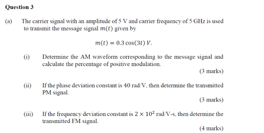 Question 3
(a)
The carrier signal with an amplitude of 5 V and carrier frequency of 5 GHz is used
to transmit the message sig