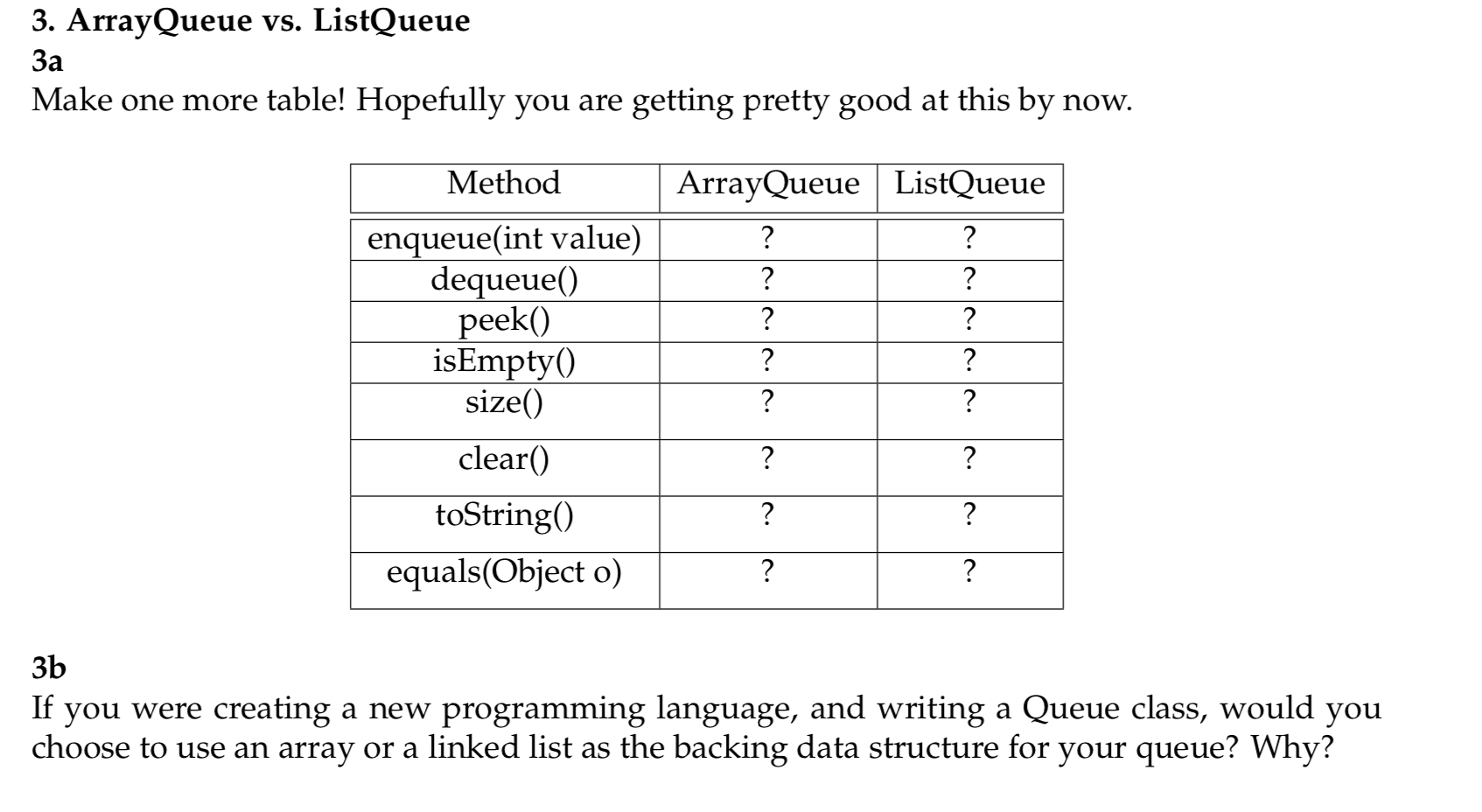 Solved 3. Array Queue vs. ListQueue 3a Make one more table! | Chegg.com
