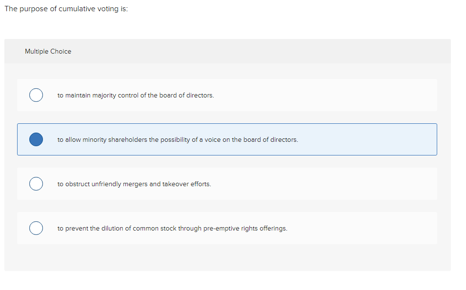Solved The purpose of cumulative voting is Multiple Choice