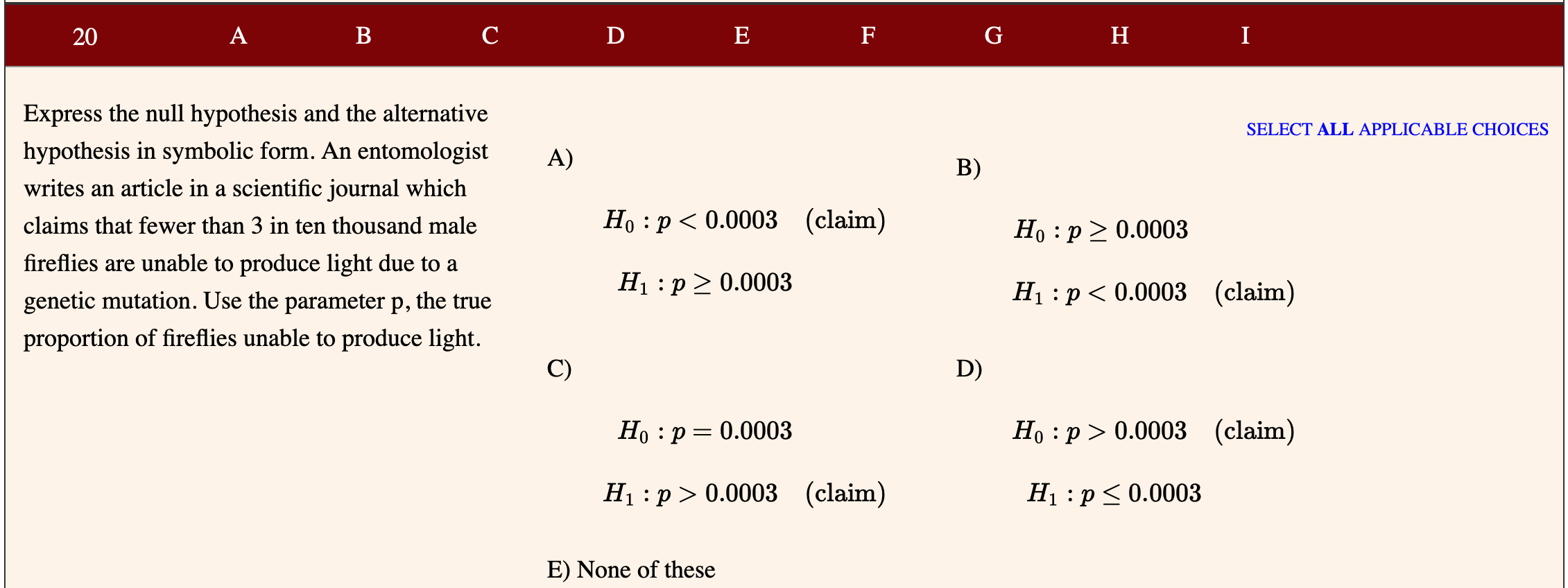 Solved 20 A B C D E F G H I SELECT ALL APPLICABLE CHOICES A) | Chegg.com
