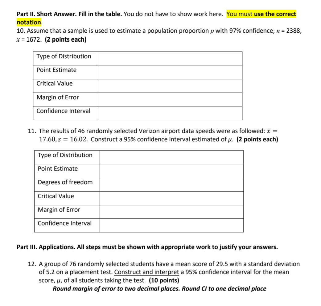 Solved Part II. Short Answer. Fill in the table. You do not | Chegg.com