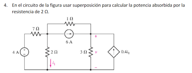 4. En el circuito de la figura usar superposición para calcular la potencia absorbida por la resistencia de \( 2 \Omega \).