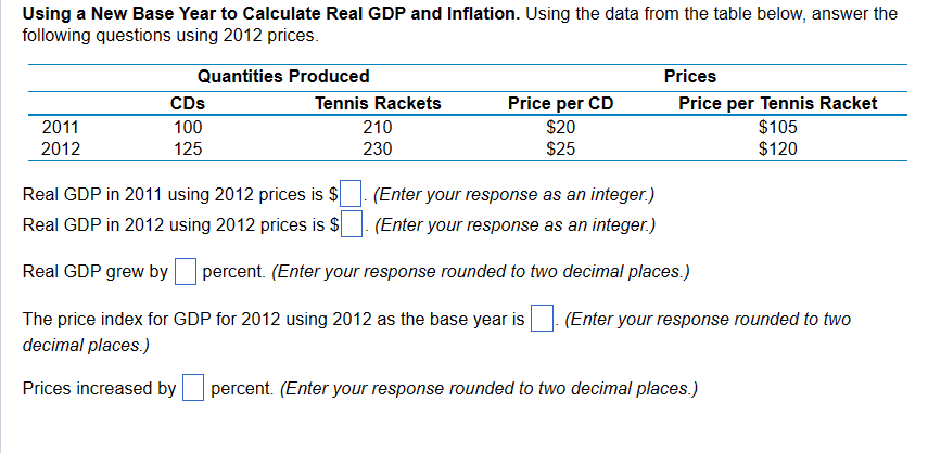 Using a New Base Year to Calculate Real GDP and Inflation. Using the data from the table below, answer the following question